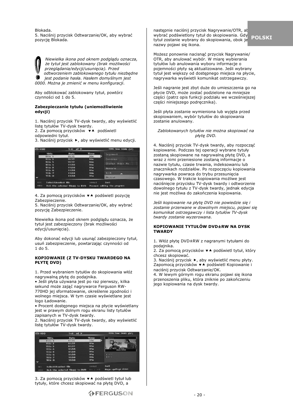 Ferguson RW-770 HD User Manual | Page 20 / 97