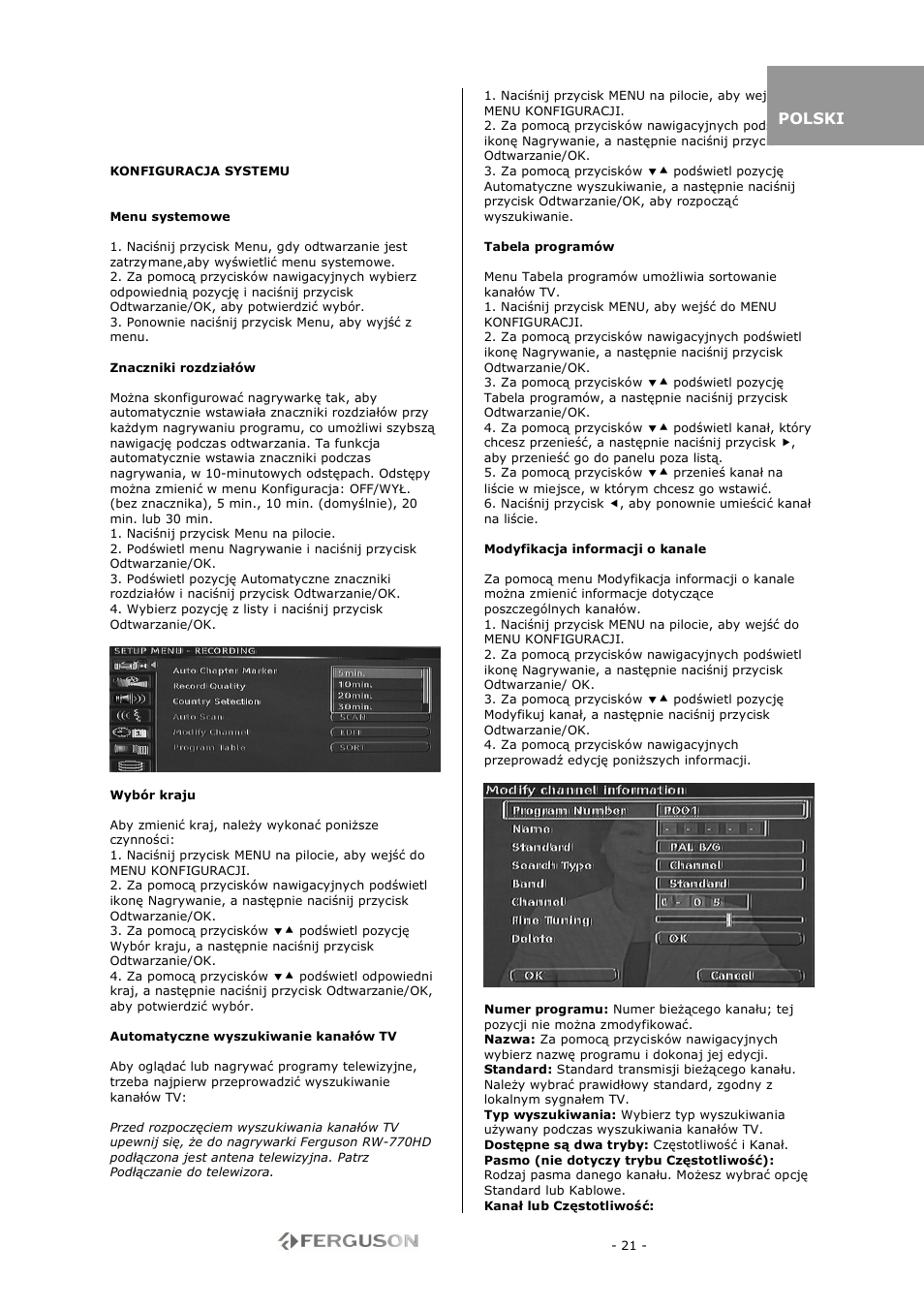 Ferguson RW-770 HD User Manual | Page 21 / 97