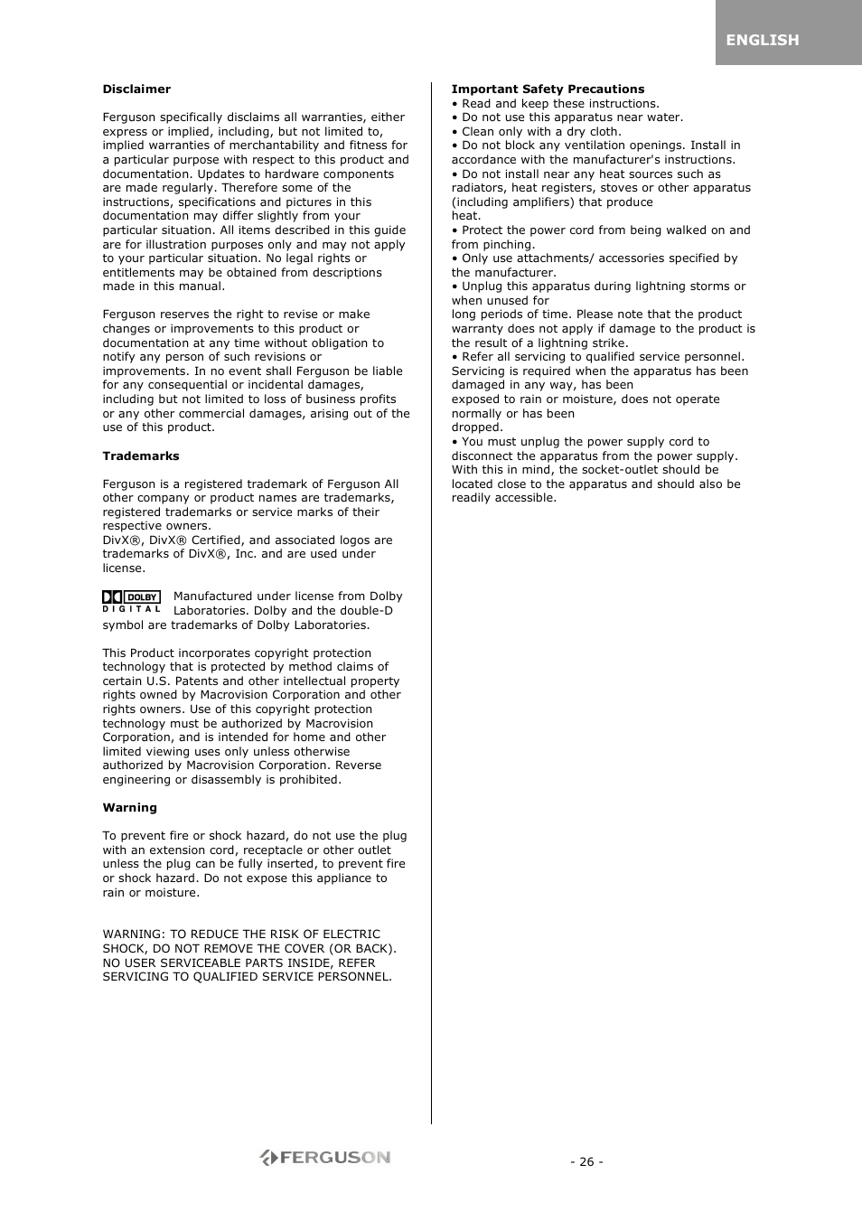 Ferguson RW-770 HD User Manual | Page 26 / 97