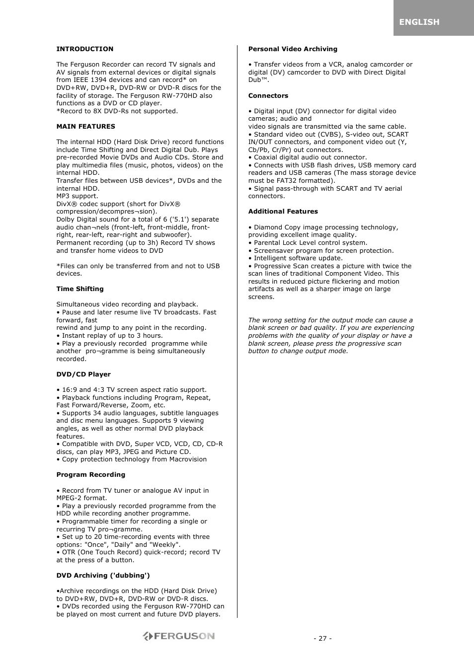 Ferguson RW-770 HD User Manual | Page 27 / 97