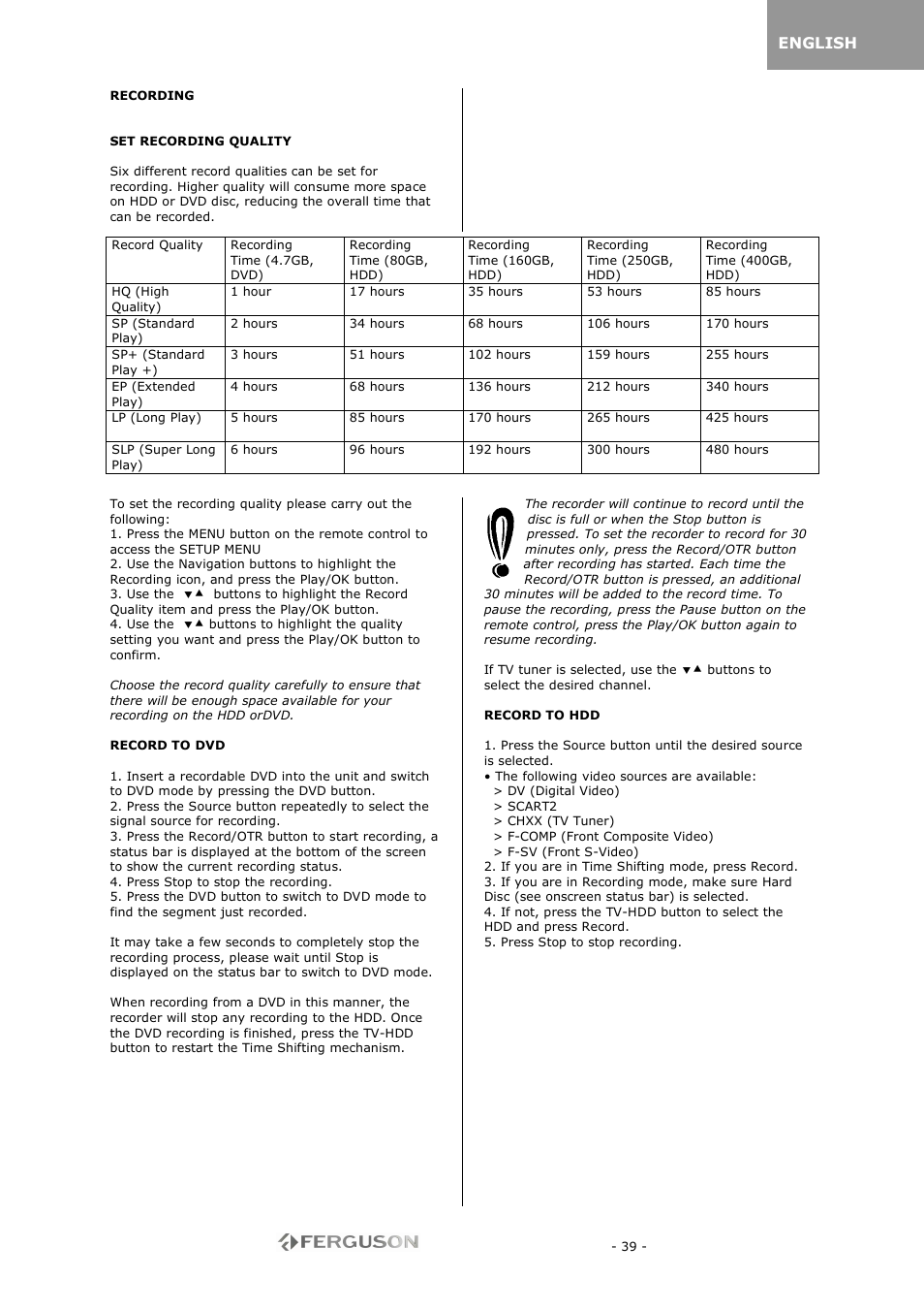 English | Ferguson RW-770 HD User Manual | Page 39 / 97