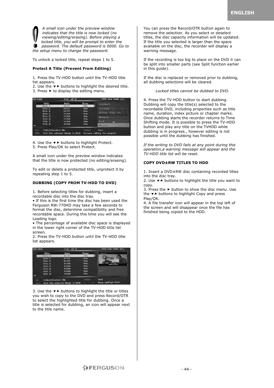 Ferguson RW-770 HD User Manual | Page 44 / 97