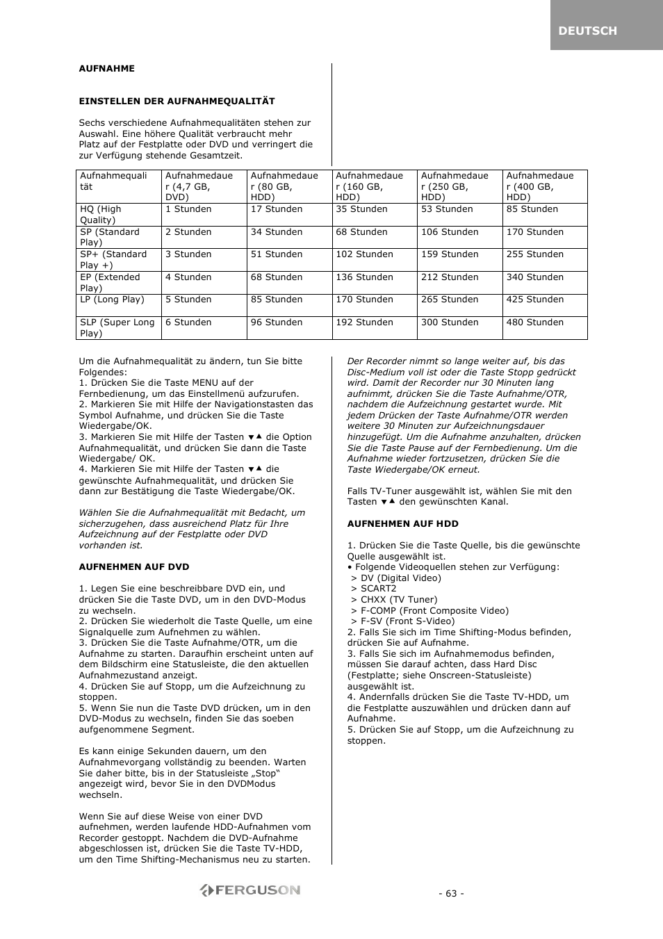 Deutsch | Ferguson RW-770 HD User Manual | Page 63 / 97