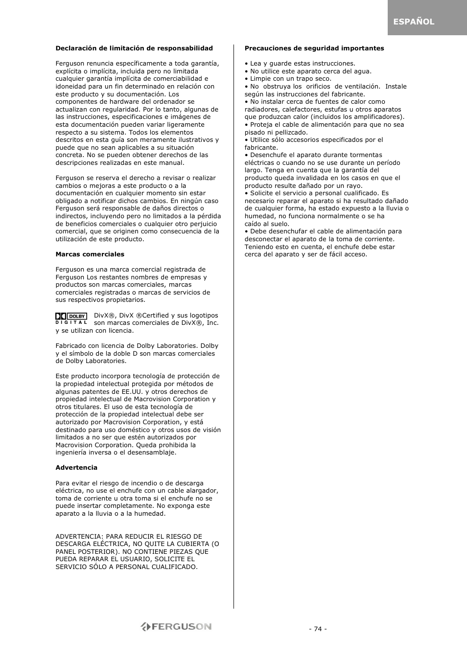 Ferguson RW-770 HD User Manual | Page 74 / 97