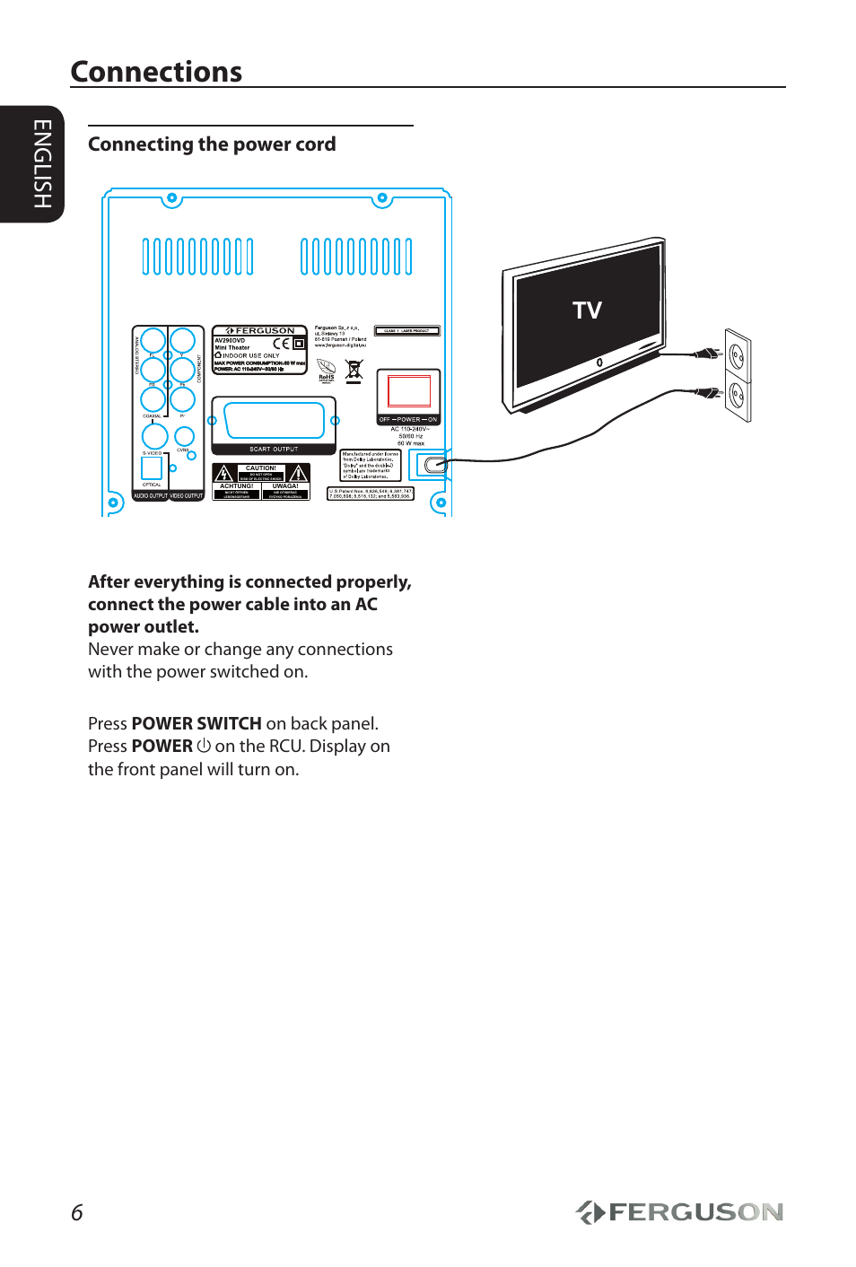 Connections, English, Connecting the power cord | Ferguson AV290DVD User Manual | Page 10 / 28