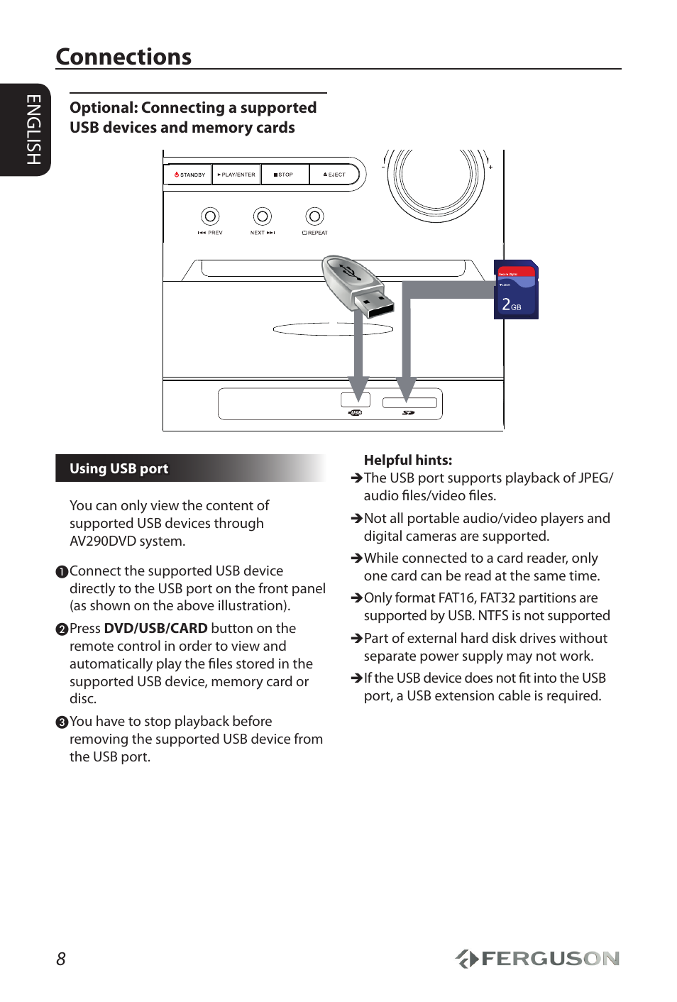 Connections, 8english | Ferguson AV290DVD User Manual | Page 12 / 28