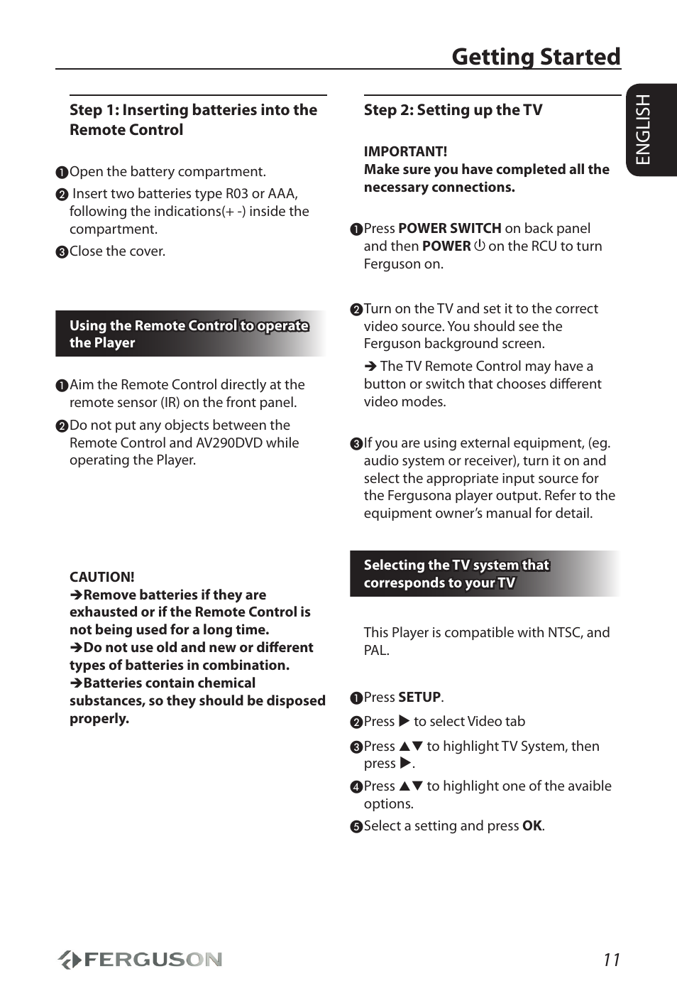 Getting started, 11 english | Ferguson AV290DVD User Manual | Page 15 / 28