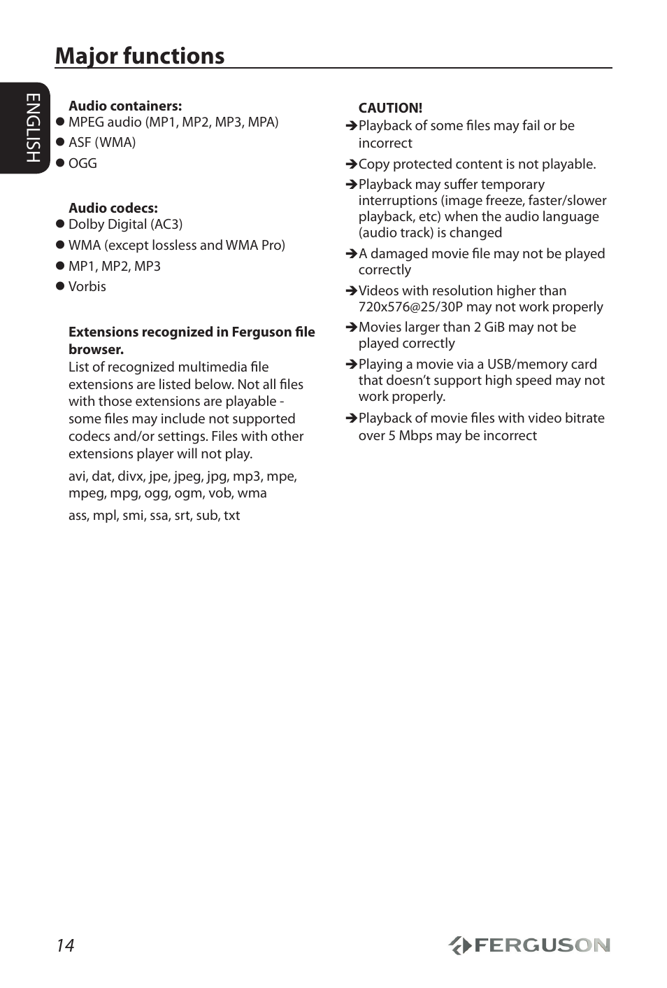 Major functions, 14 english | Ferguson AV290DVD User Manual | Page 18 / 28