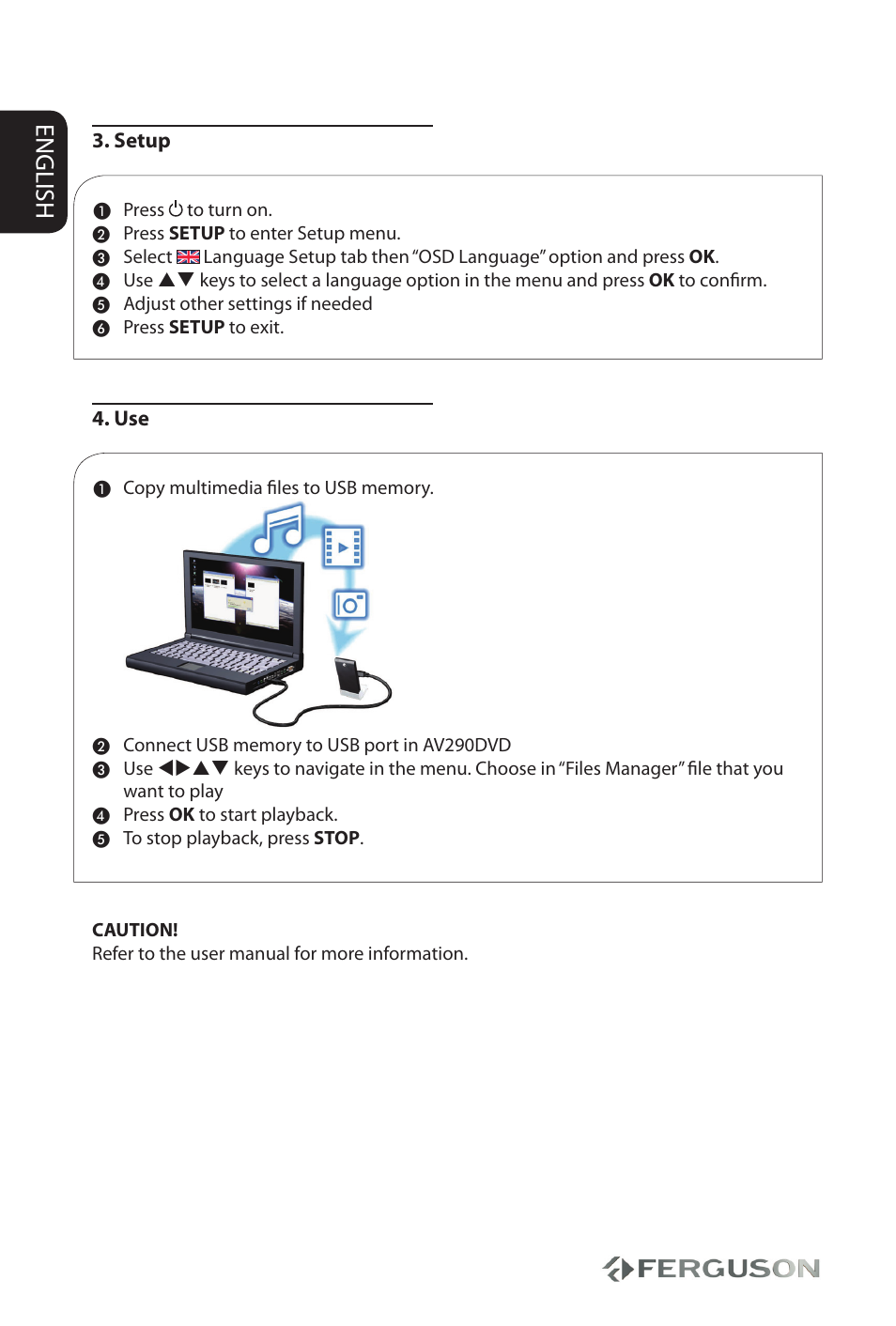 English, Setup | Ferguson AV290DVD User Manual | Page 2 / 28