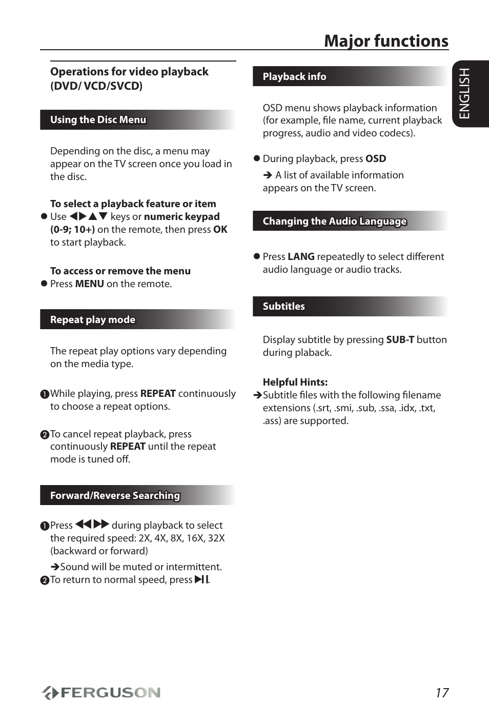 Major functions, 17 english | Ferguson AV290DVD User Manual | Page 21 / 28