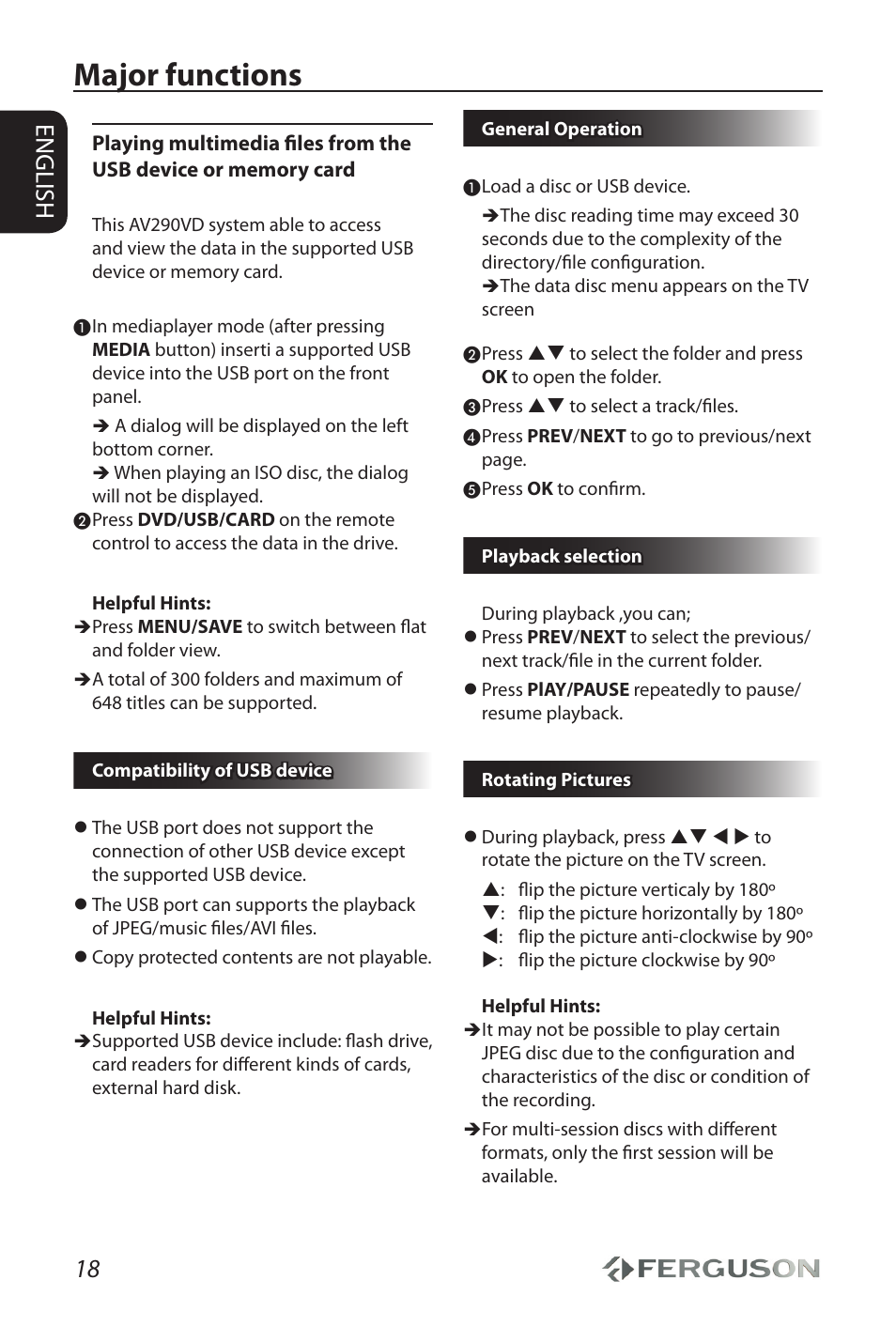 Major functions, 18 english | Ferguson AV290DVD User Manual | Page 22 / 28