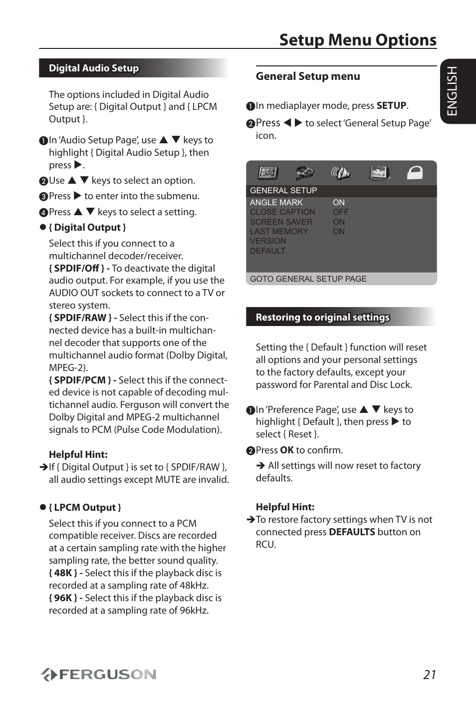 Setup menu options, 21 english | Ferguson AV290DVD User Manual | Page 25 / 28