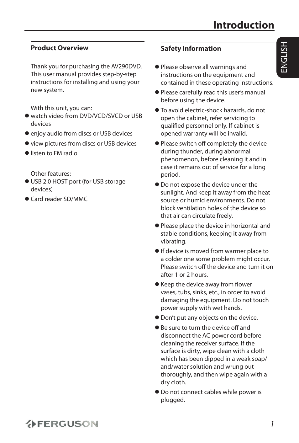 Introduction, 1english | Ferguson AV290DVD User Manual | Page 5 / 28