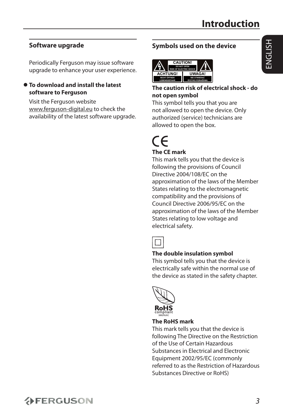 Introduction, 3english, Symbols used on the device | Software upgrade | Ferguson AV290DVD User Manual | Page 7 / 28