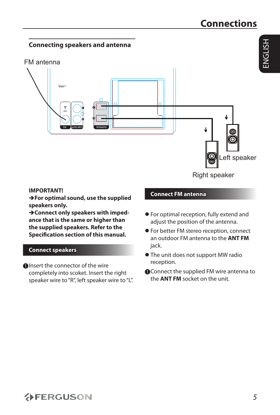 Connections, English, Right speaker left speaker fm antenna | Connecting speakers and antenna | Ferguson AV290DVD User Manual | Page 9 / 28