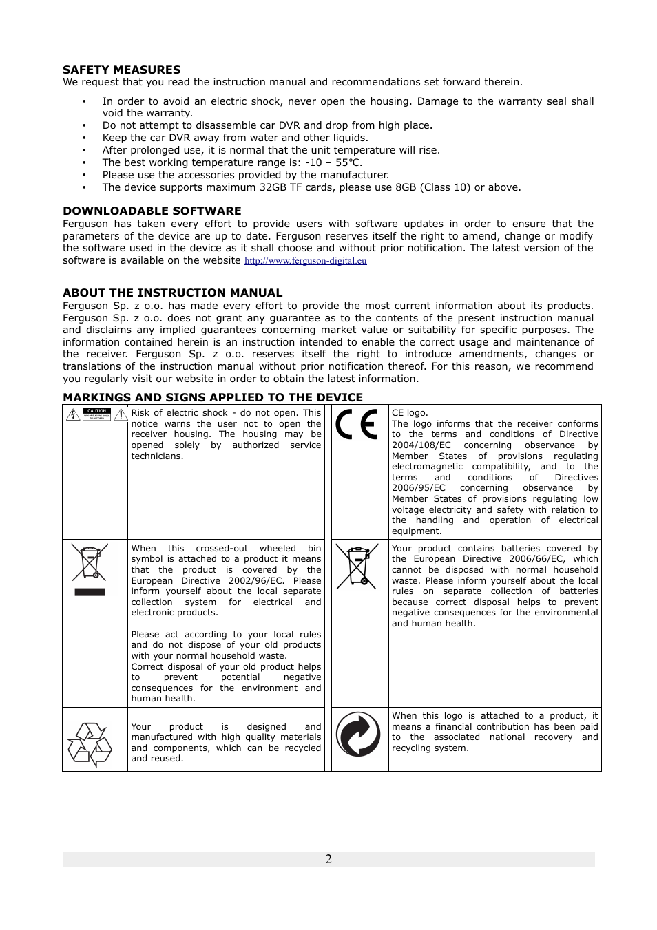 Safety measures, Downloadable software, About the instruction manual | Markings and signs applied to the device | Ferguson SHD100 User Manual | Page 2 / 7