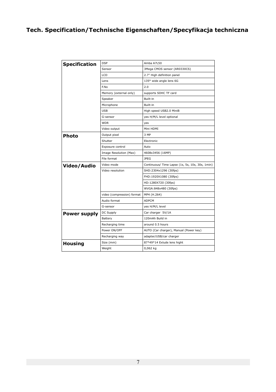 Specification, Photo, Video/audio | Power supply, Housing | Ferguson SHD100 User Manual | Page 7 / 7