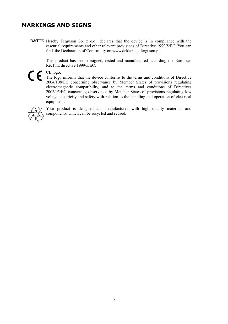 Markings and signs | Ferguson W02 User Manual | Page 2 / 12