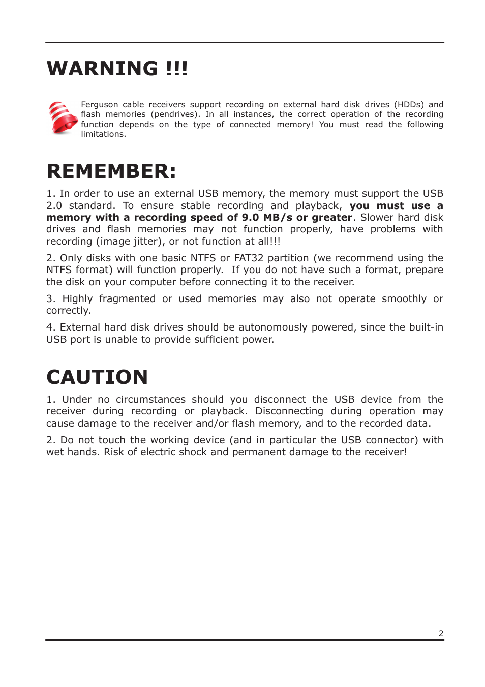 Warning, Remember, Caution | Ferguson Ariva 102 cable User Manual | Page 2 / 41