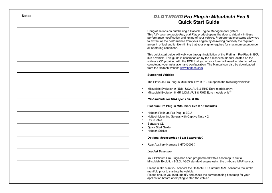 Platinum, Pro plug-in mitsubishi evo 9 quick start guide | Haltech Platinum PRO PLUG-IN Mitsubishi Evolution 9 2005 - 2007 (HT055064) User Manual | Page 3 / 16