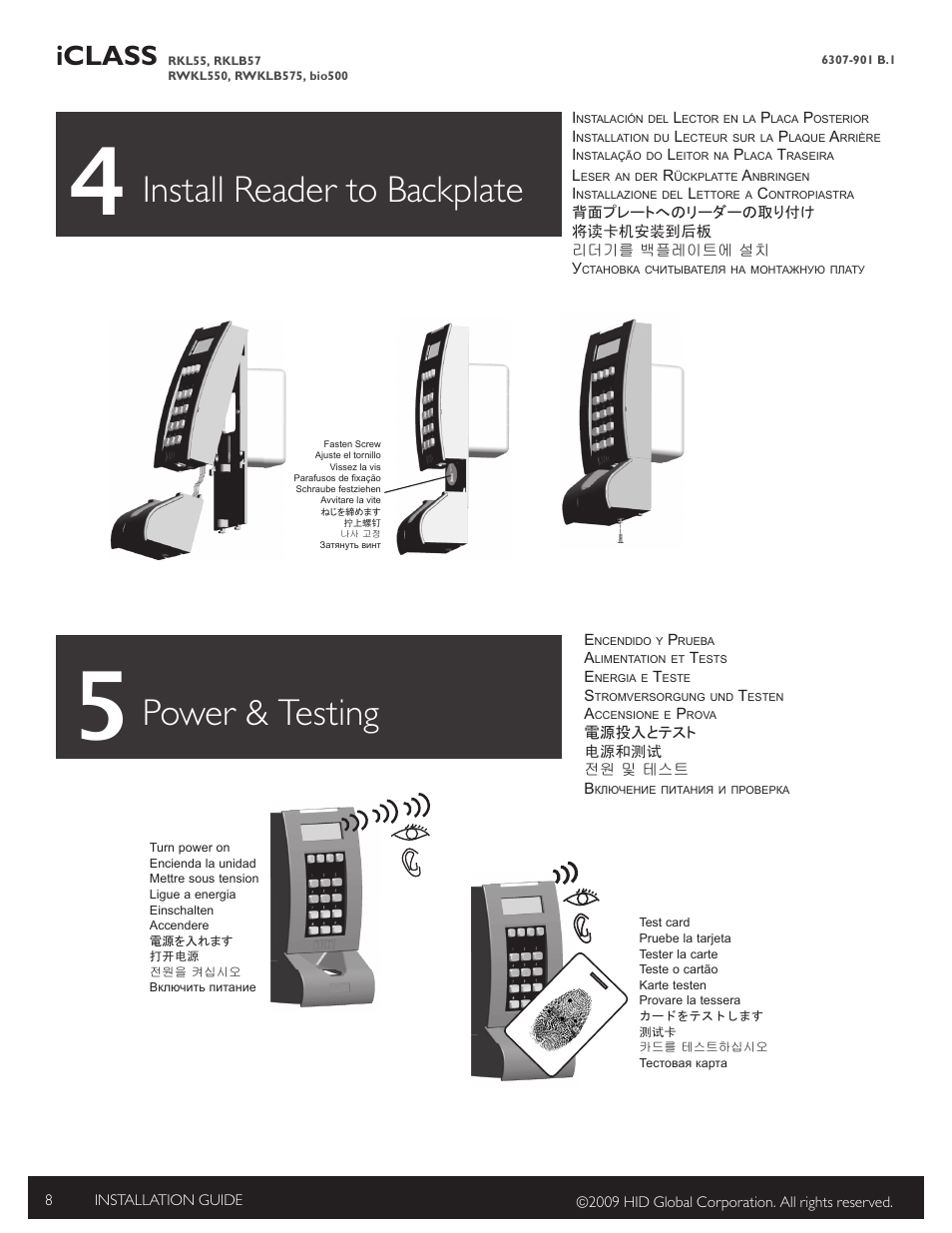 4 install reader to backplate, 5 power & testing, Power & testing | Install reader to backplate, Iclass | HID bioCLASS Installation Guide User Manual | Page 8 / 12