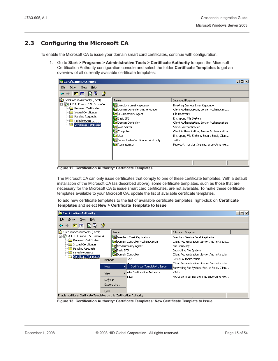 3 configuring the microsoft ca, Configuring the microsoft ca, Section | Configuring the microsoft ca 2.3 | HID Crescendo Integration User Manual | Page 15 / 54