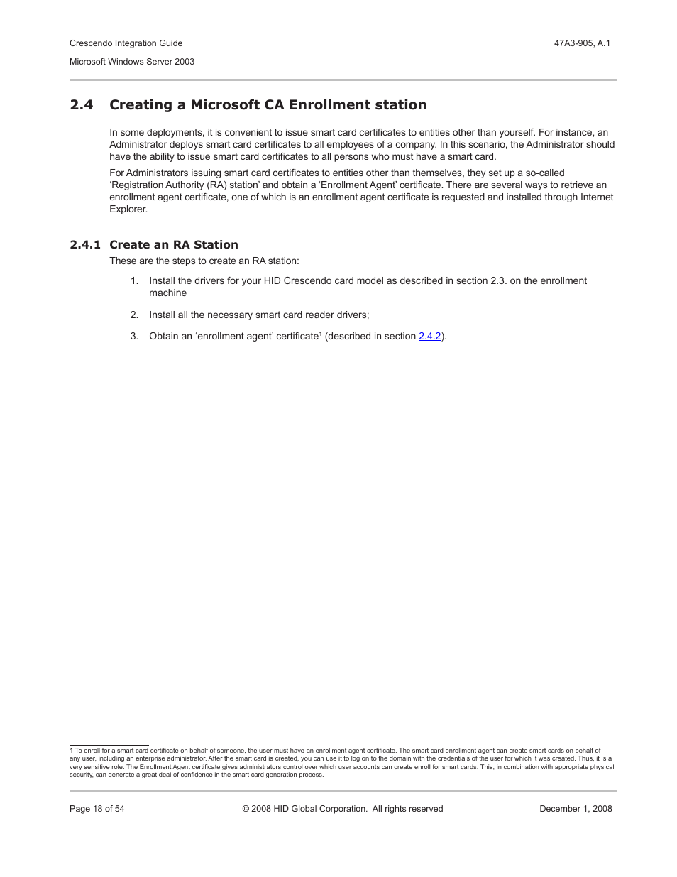 4 creating a microsoft ca enrollment station, Creating a microsoft ca enrollment station, Station: section | Creating a microsoft ca enrollment station 2.4 | HID Crescendo Integration User Manual | Page 18 / 54