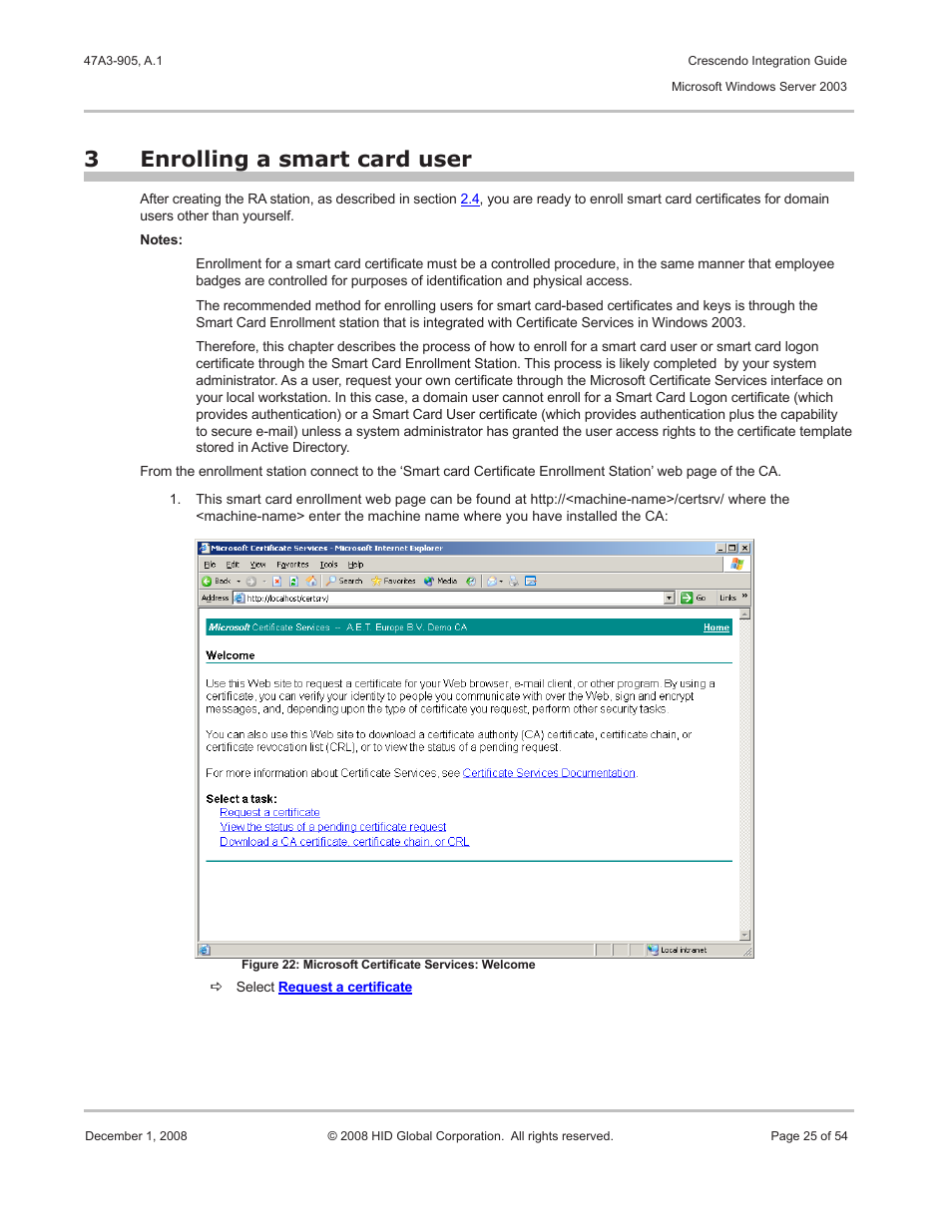 3 enrolling a smart card user, Enrolling a smart card user, Chapter | Describes how to enroll a smart card user, Enrollment station, as described in chapter, Enrolling a smart card user 3 | HID Crescendo Integration User Manual | Page 25 / 54