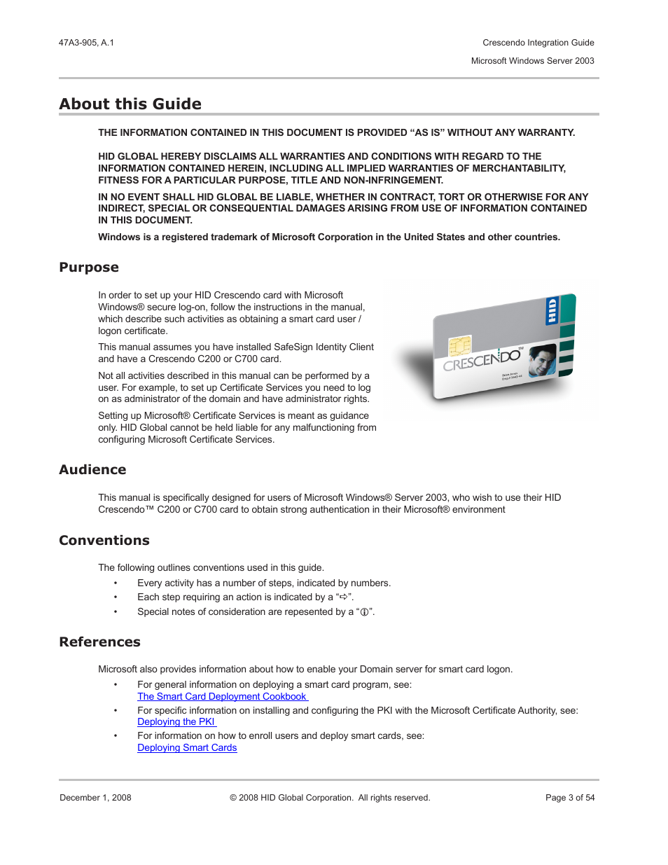 About this guide, Purpose, Audience | Conventions, References, Purpose audience conventions references | HID Crescendo Integration User Manual | Page 3 / 54