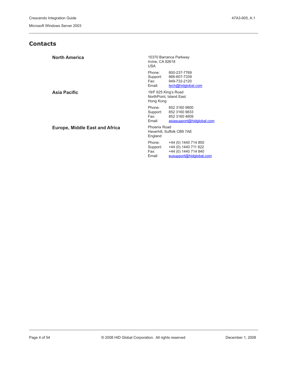 Contacts | HID Crescendo Integration User Manual | Page 4 / 54