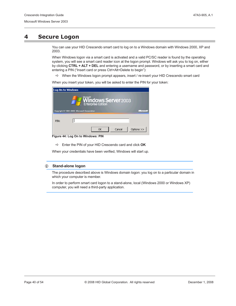 4 secure logon, Secure logon, Chapter | Secure logon 4 | HID Crescendo Integration User Manual | Page 40 / 54