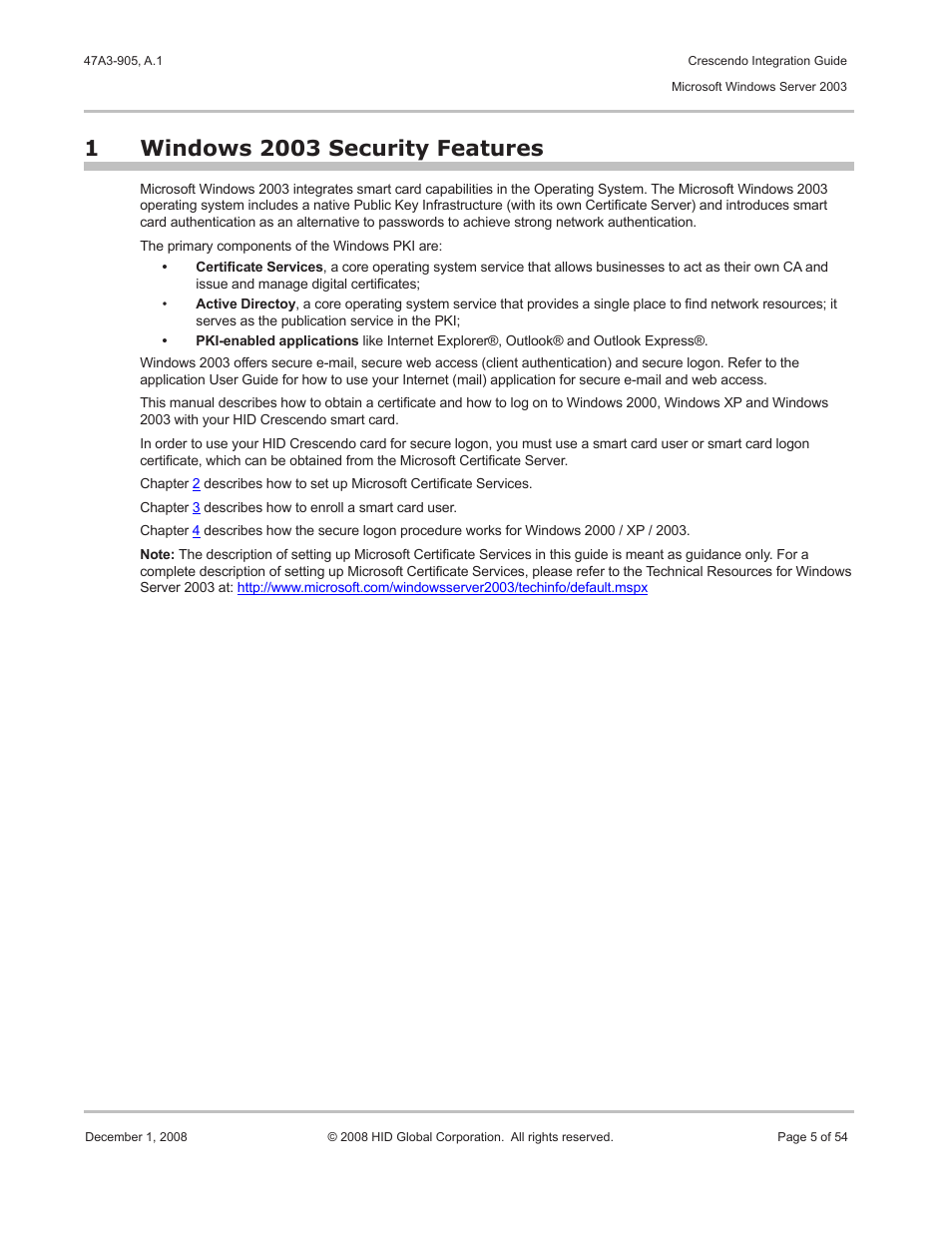 1 windows 2003 security features, Windows 2003 security features | HID Crescendo Integration User Manual | Page 5 / 54