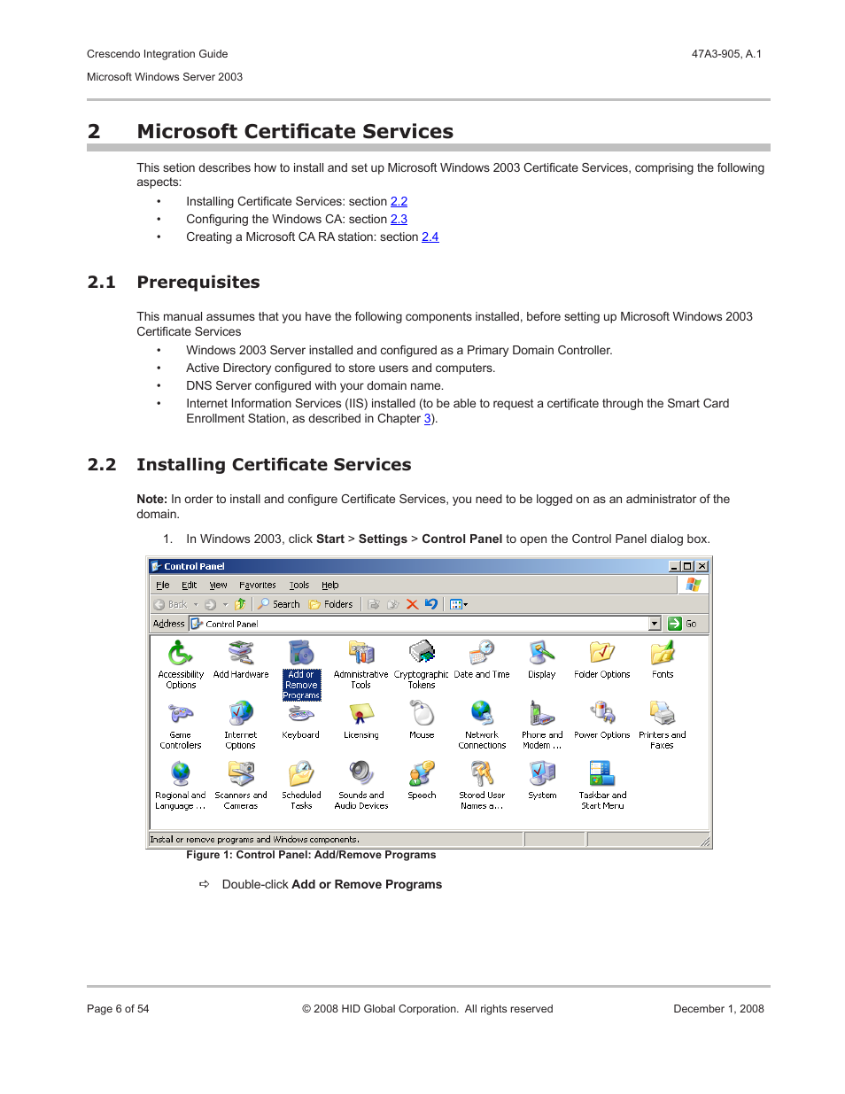 2 microsoft certificate services, 1 prerequisites, 2 installing certificate services | Microsoft certificate services 2.1, Prerequisites, Installing certificate services, Chapter, Describes, Microsoft certificate services 2, Prerequisites 2.1 | HID Crescendo Integration User Manual | Page 6 / 54