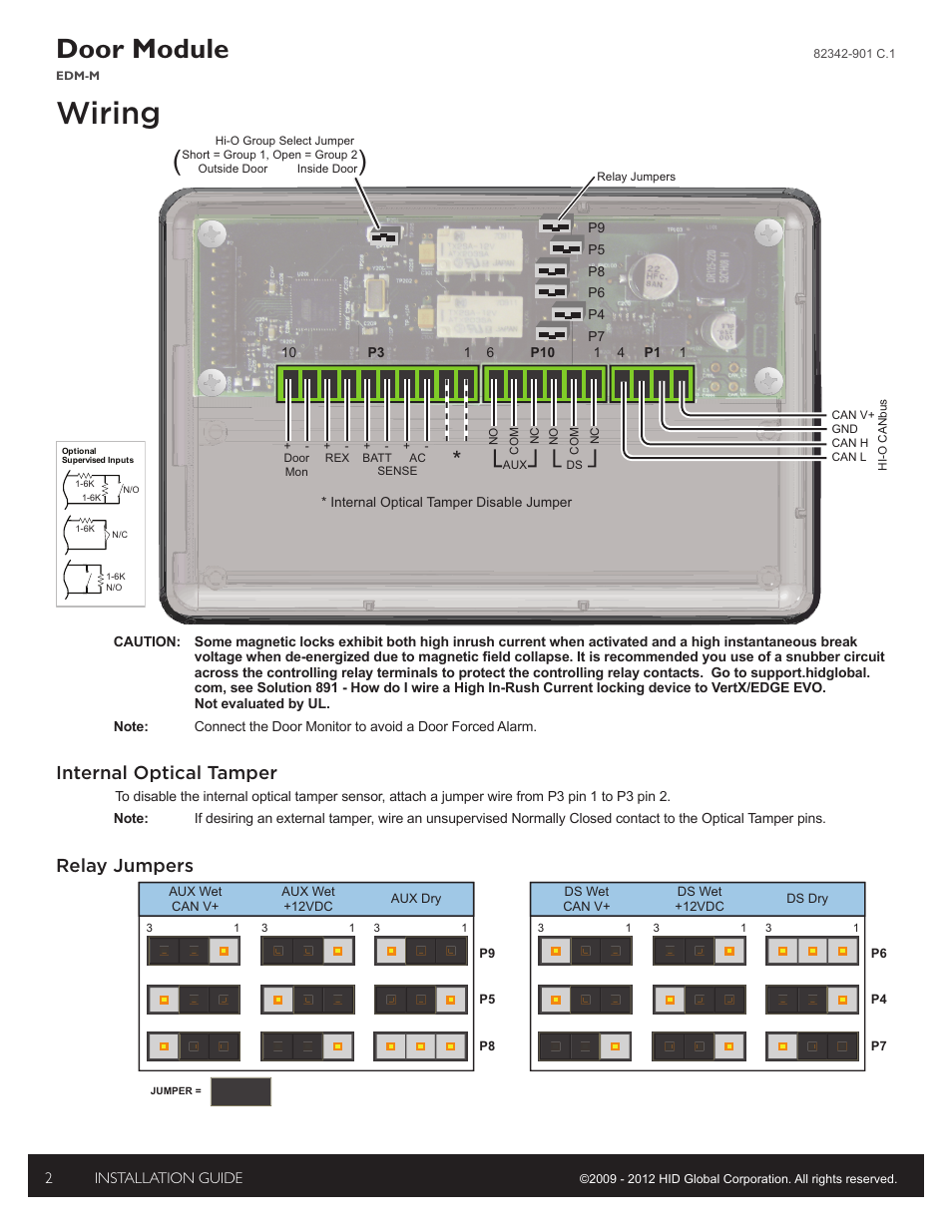 Wiring, Internal optical tamper, Relay jumpers | Door module | HID EDGE EVO EDM-M Door Module Installation Guide User Manual | Page 2 / 4