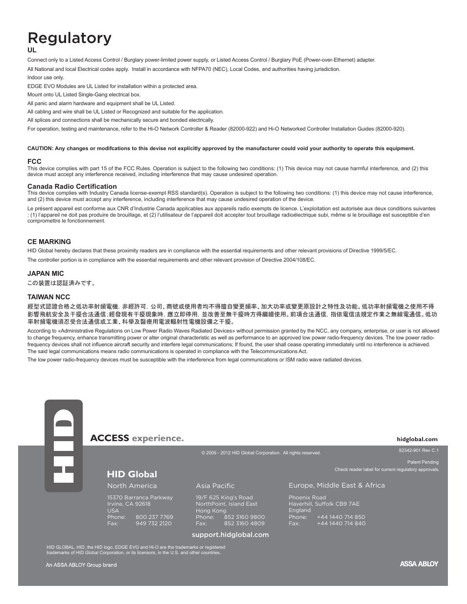 Regulatory, Access experience, Hid global | HID EDGE EVO EDM-M Door Module Installation Guide User Manual | Page 4 / 4