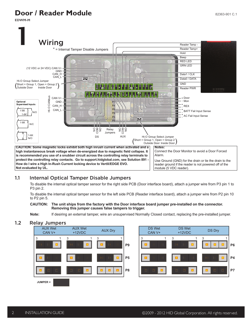 1 wiring, 1 internal optical tamper disable jumpers, 2 relay jumpers | Door / reader module, Wiring | HID EDGE EVO EWM-M Wiegand Module Installation Guide User Manual | Page 2 / 4