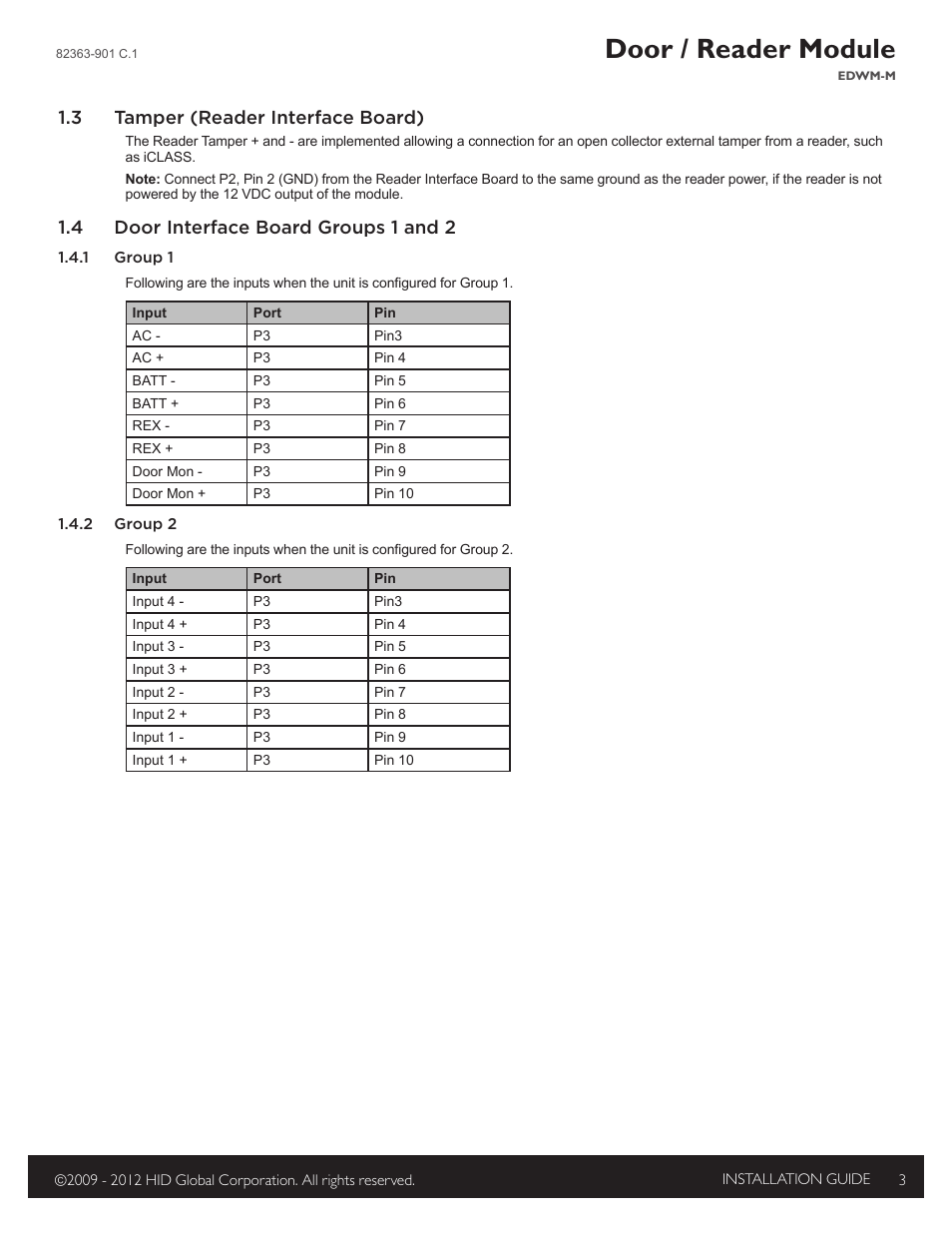 3 tamper (reader interface board), 4 door interface board groups 1 and 2, Door / reader module | HID EDGE EVO EWM-M Wiegand Module Installation Guide User Manual | Page 3 / 4