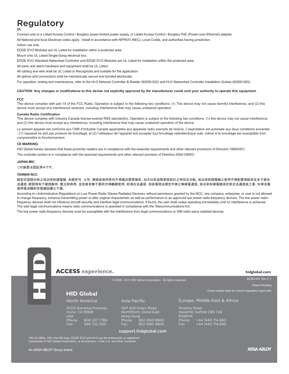 Regulatory, Access experience, Hid global | HID EDGE EVO EWM-M Wiegand Module Installation Guide User Manual | Page 4 / 4