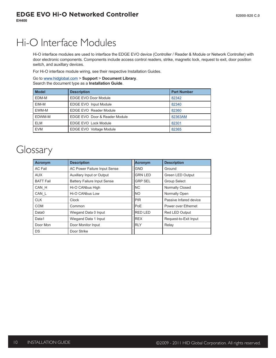 Hi-o interface modules, Glossary, Edge evo hi-o networked controller | HID EDGE EVO EH400 Hi-O Controller Installation Guide User Manual | Page 10 / 12