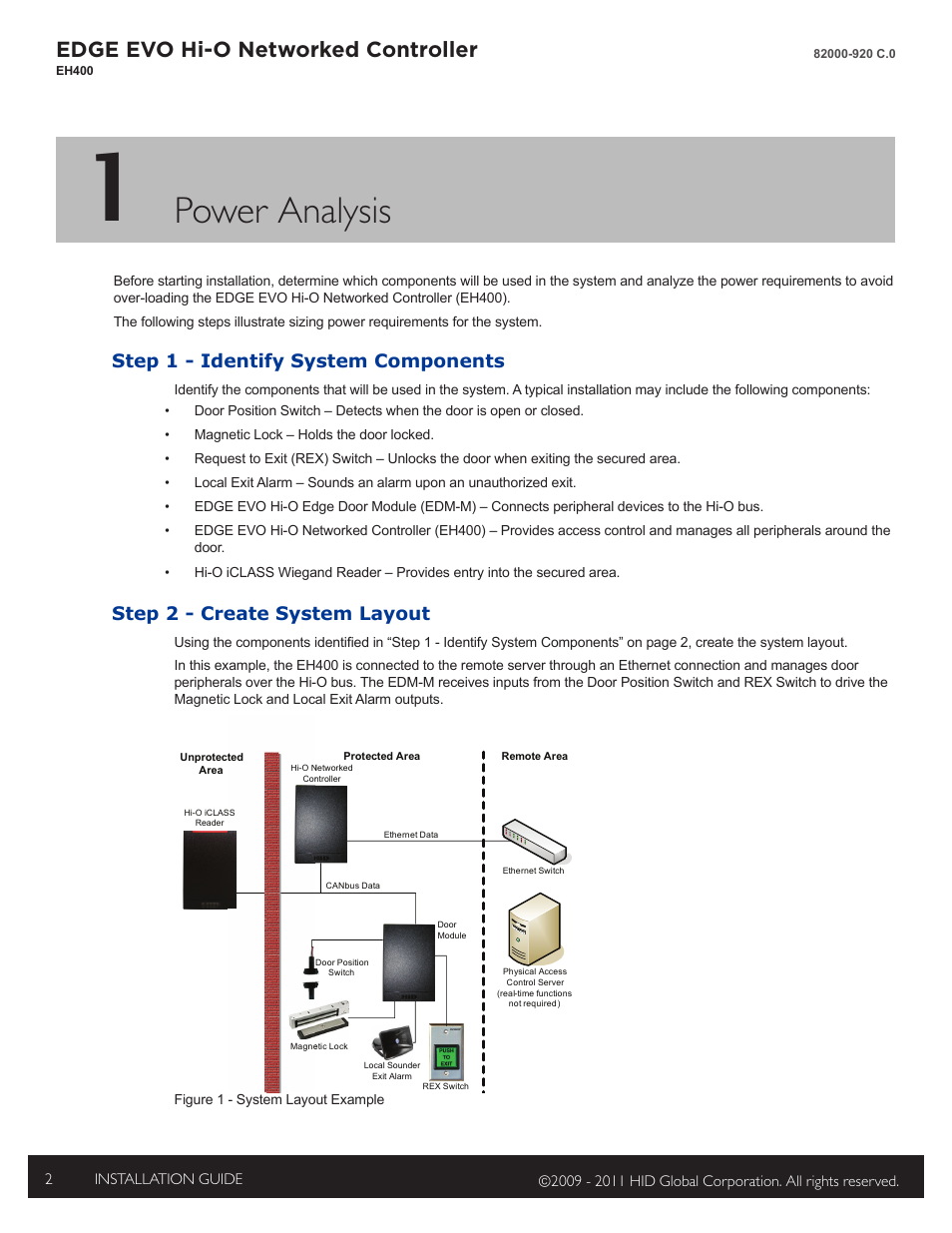 1 - power analysis, Step 1 - identify system components, Step 2 - create system layout | Power analysis, Edge evo hi-o networked controller | HID EDGE EVO EH400 Hi-O Controller Installation Guide User Manual | Page 2 / 12