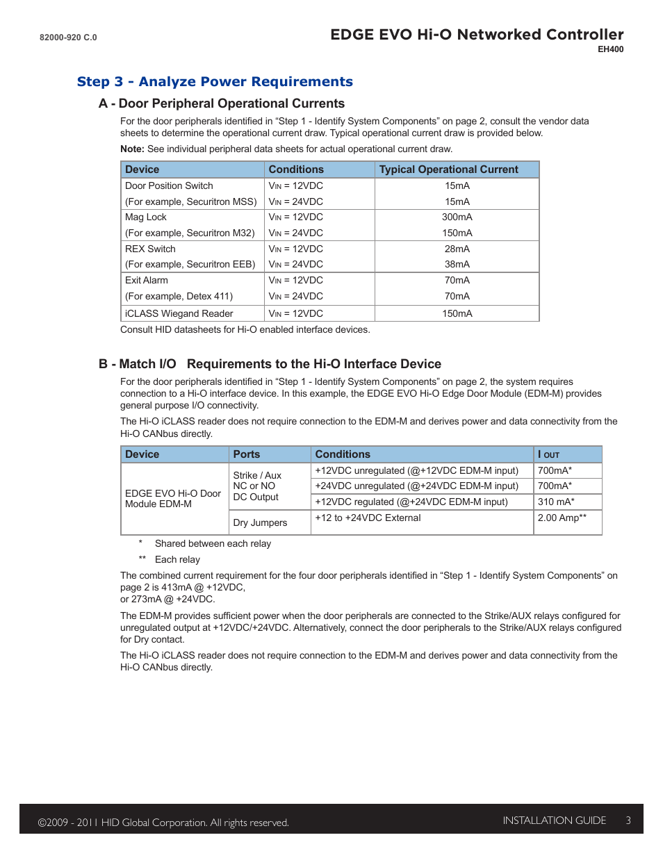 Step 3 - analyze power requirements, Edge evo hi-o networked controller | HID EDGE EVO EH400 Hi-O Controller Installation Guide User Manual | Page 3 / 12