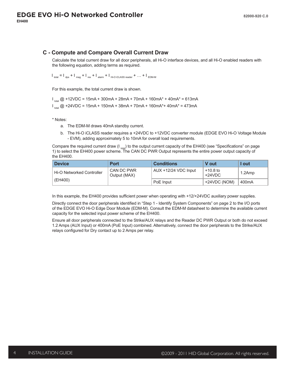Edge evo hi-o networked controller, C - compute and compare overall current draw | HID EDGE EVO EH400 Hi-O Controller Installation Guide User Manual | Page 4 / 12
