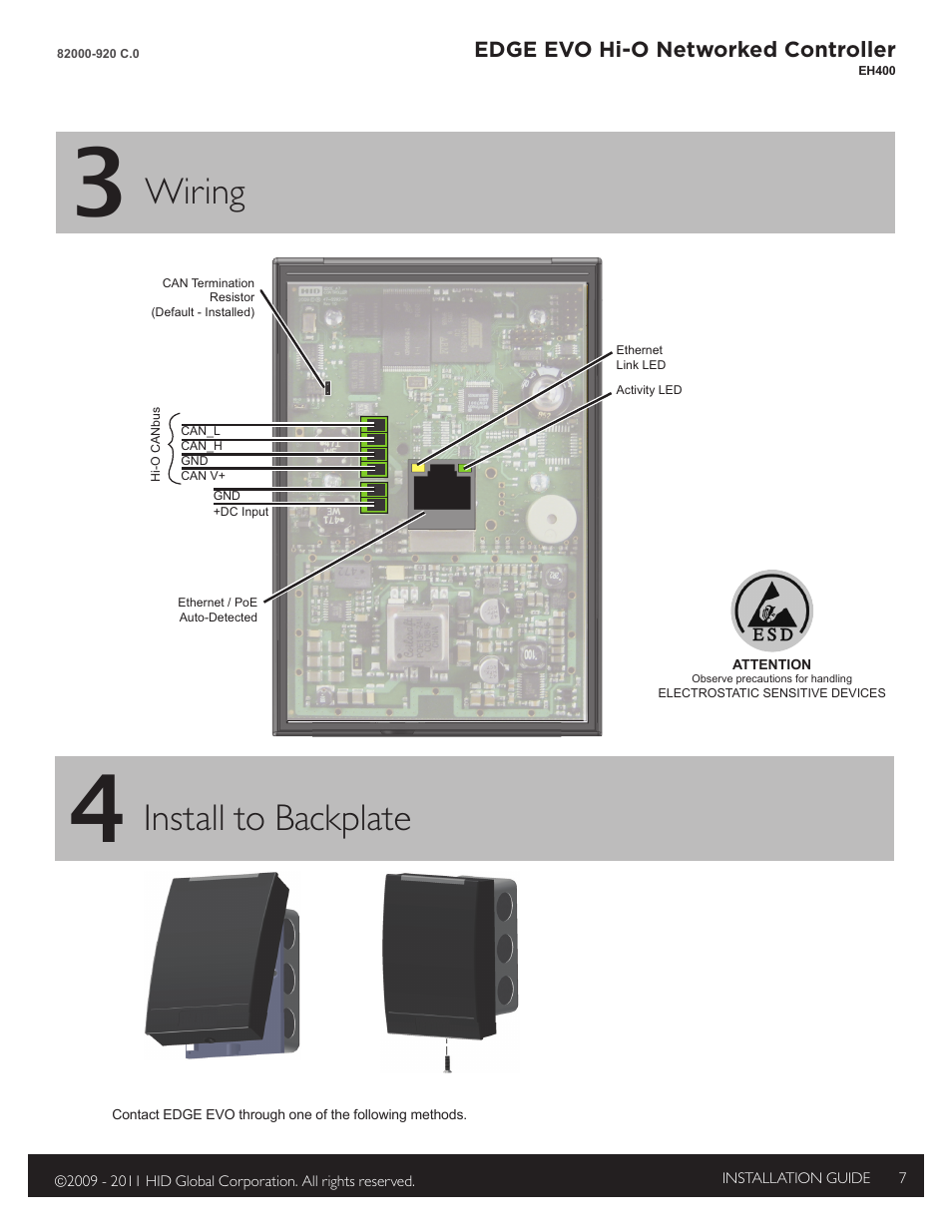 3 - wiring, 4 - install reader to backplate, Wiring | Install to backplate | HID EDGE EVO EH400 Hi-O Controller Installation Guide User Manual | Page 7 / 12