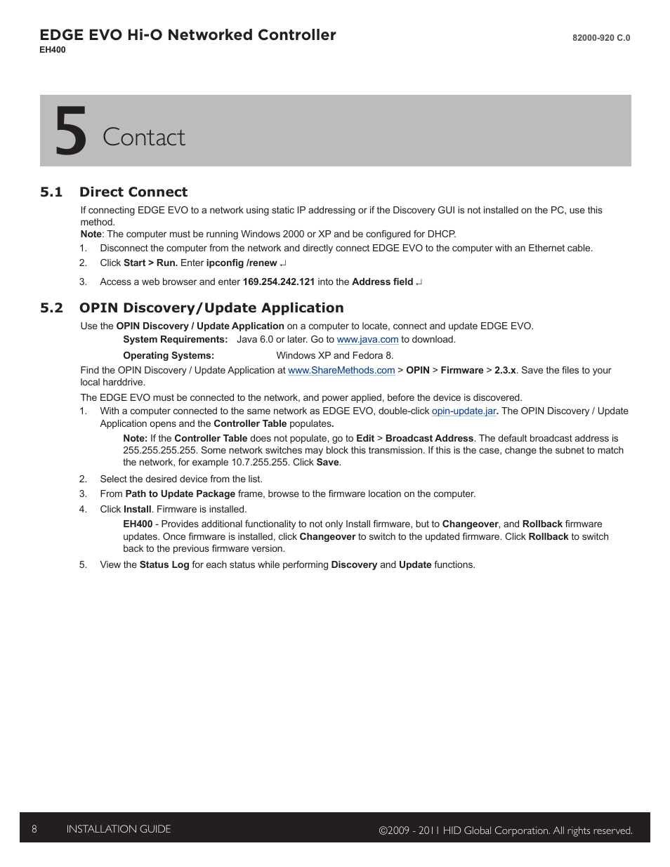 5 - contact, 1 direct connect, 2 opin discovery / update appllication | Contact, Edge evo hi-o networked controller | HID EDGE EVO EH400 Hi-O Controller Installation Guide User Manual | Page 8 / 12