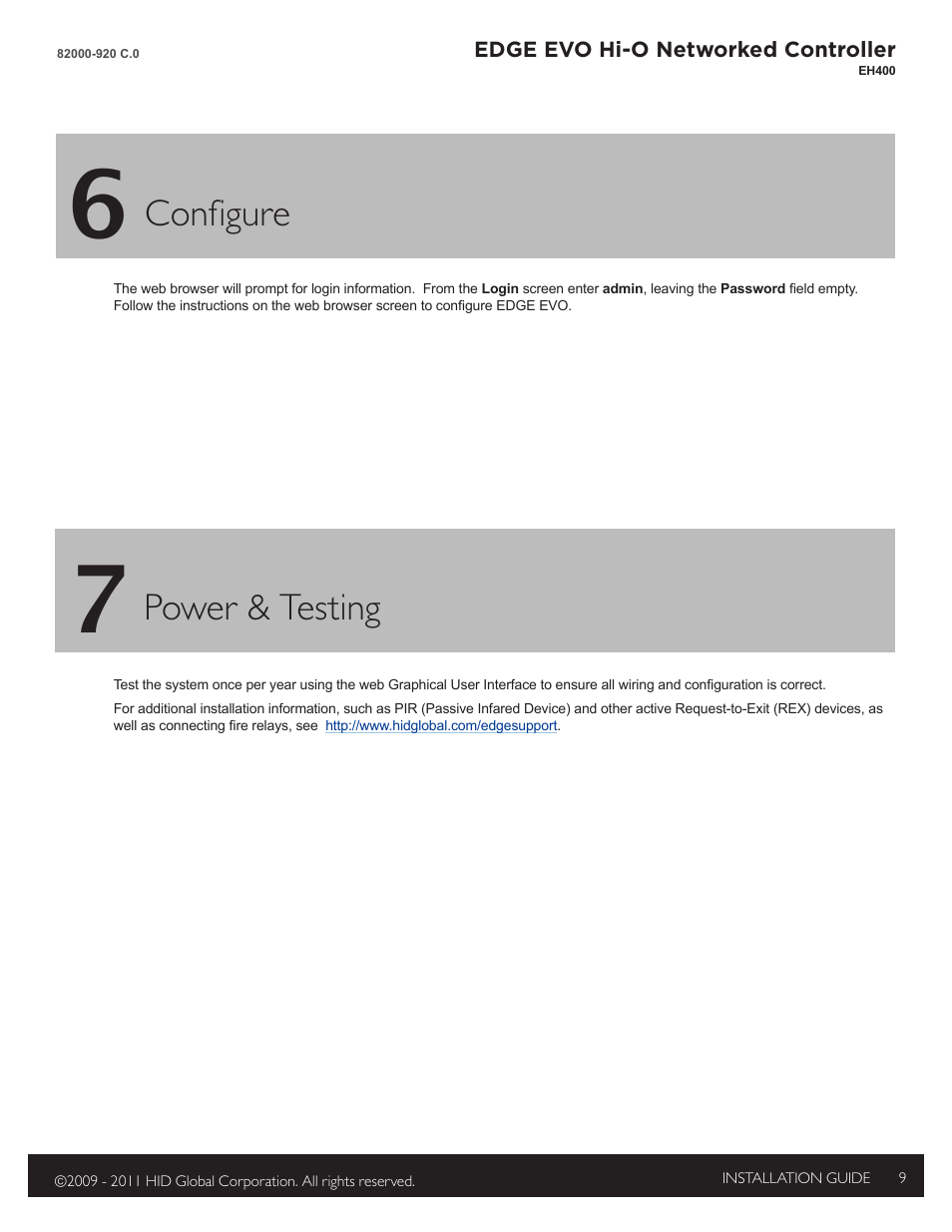 6 - configure, 7 - power and testing, Configure | Power & testing | HID EDGE EVO EH400 Hi-O Controller Installation Guide User Manual | Page 9 / 12