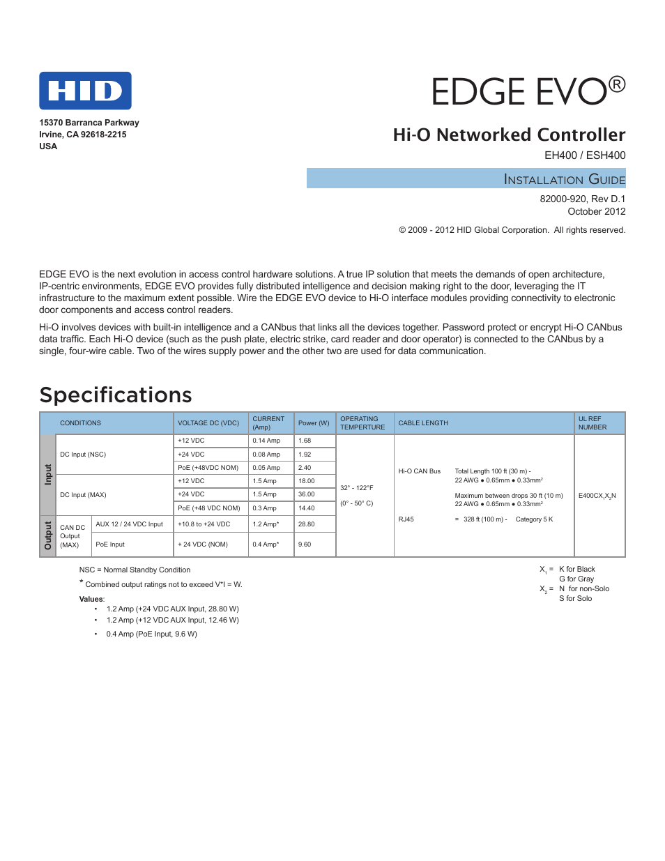 HID EDGE EVO Solo ESH400 Hi-O Controller Installation Guide User Manual | 12 pages