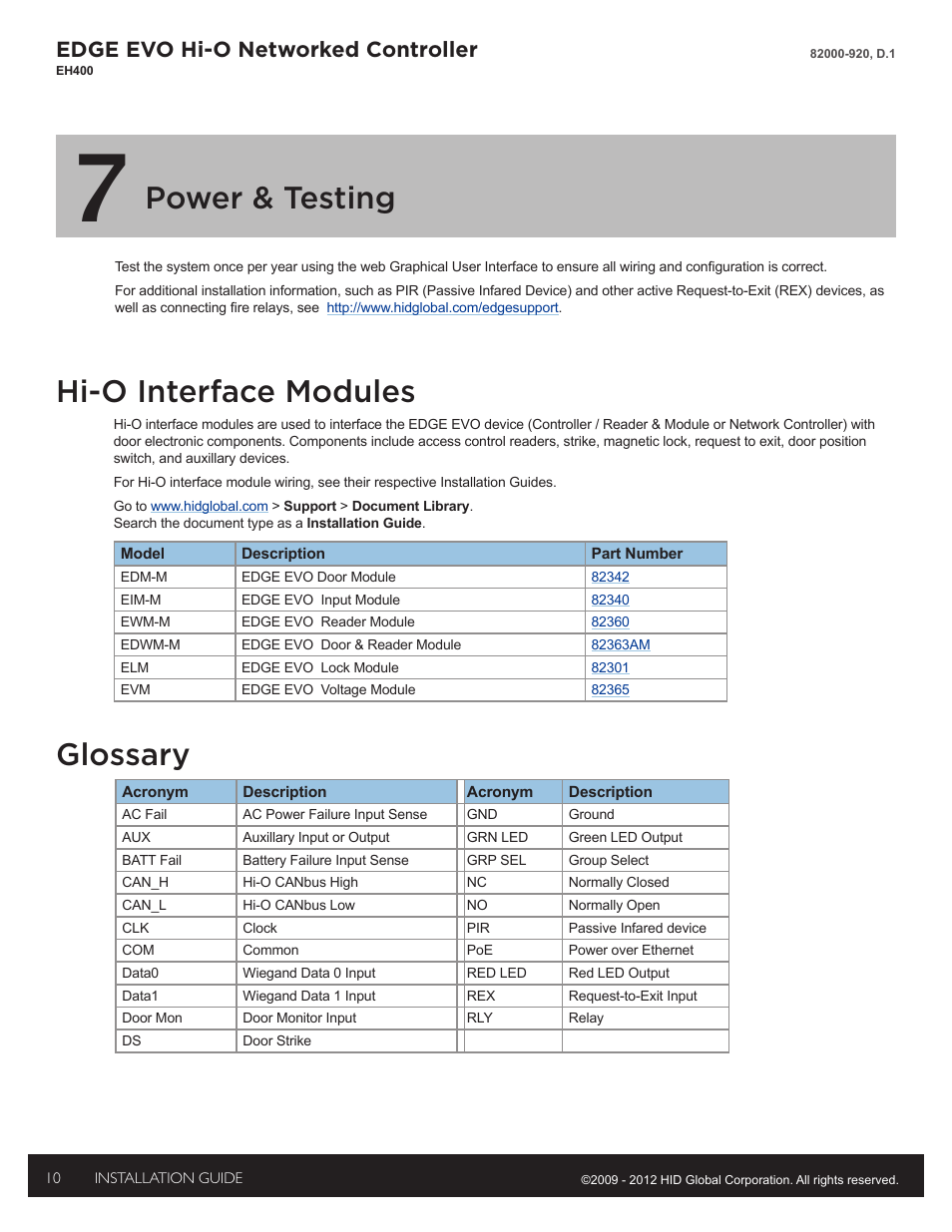 7 - power and testing, Hi-o interface modules, Glossary | Power & testing, Edge evo hi-o networked controller | HID EDGE EVO Solo ESH400 Hi-O Controller Installation Guide User Manual | Page 10 / 12