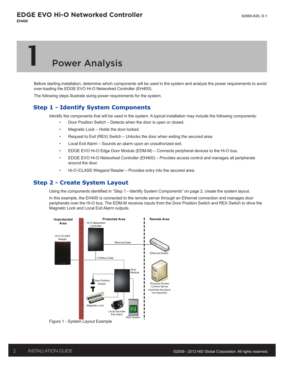 1 - power analysis, Step 1 - identify system components, Step 2 - create system layout | Power analysis, Edge evo hi-o networked controller | HID EDGE EVO Solo ESH400 Hi-O Controller Installation Guide User Manual | Page 2 / 12