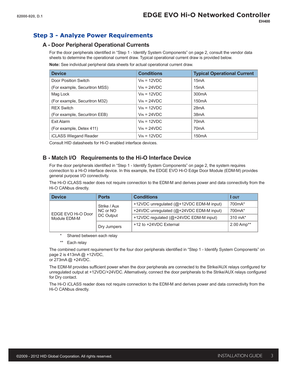 Step 3 - analyze power requirements, Edge evo hi-o networked controller | HID EDGE EVO Solo ESH400 Hi-O Controller Installation Guide User Manual | Page 3 / 12