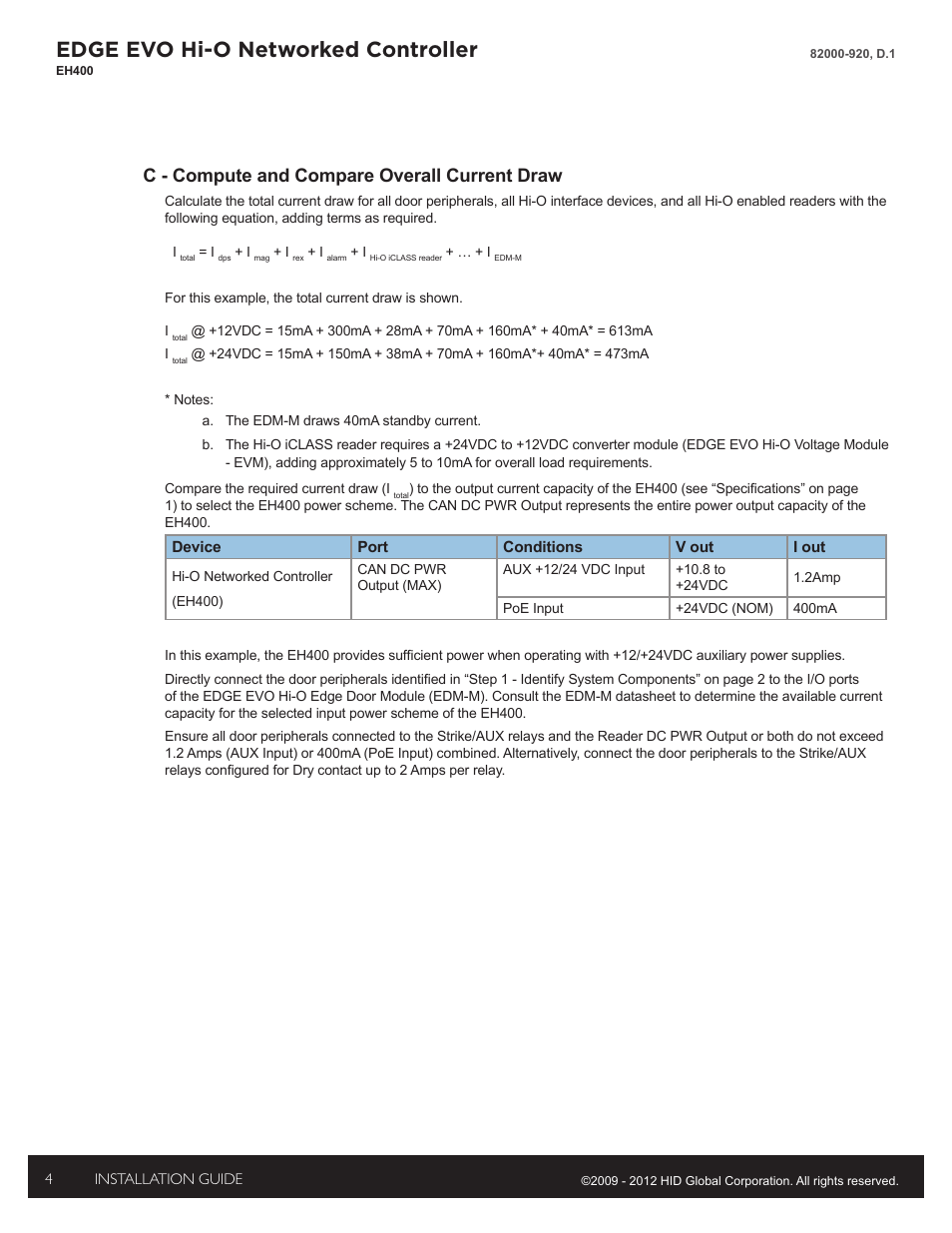 Edge evo hi-o networked controller, C - compute and compare overall current draw | HID EDGE EVO Solo ESH400 Hi-O Controller Installation Guide User Manual | Page 4 / 12